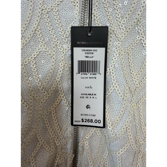 BCBG NWT L White Sequin Zip Up Jacket "Bella" Party Flirty Fun Unique Chic $268 - Picture 5 of 8